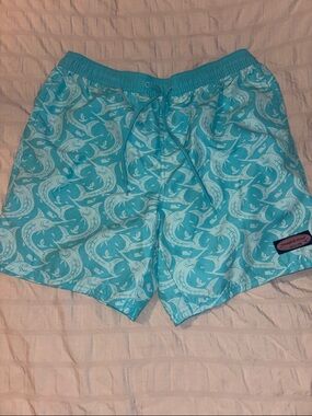 Vineyard Vines Turquoise & White Marlin Print Swim Trunks